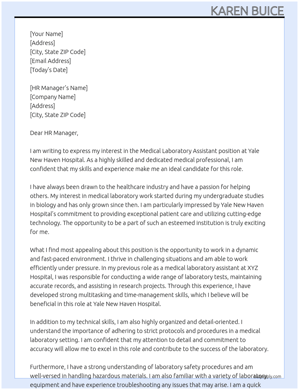 Medical laboratory assistant  At Yale New Haven Hospital   Cover Letter