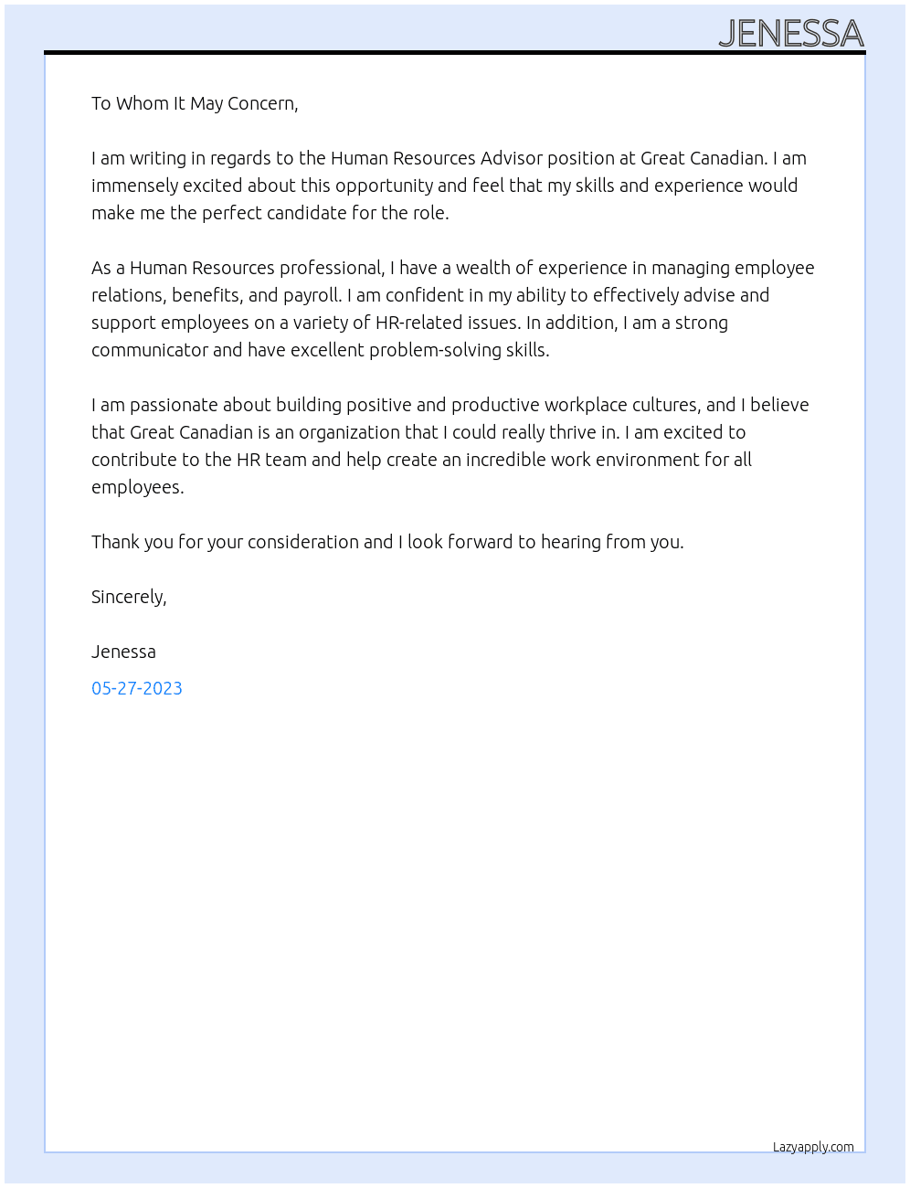 Human Resources Advisor At Great Canadian Cover Letter