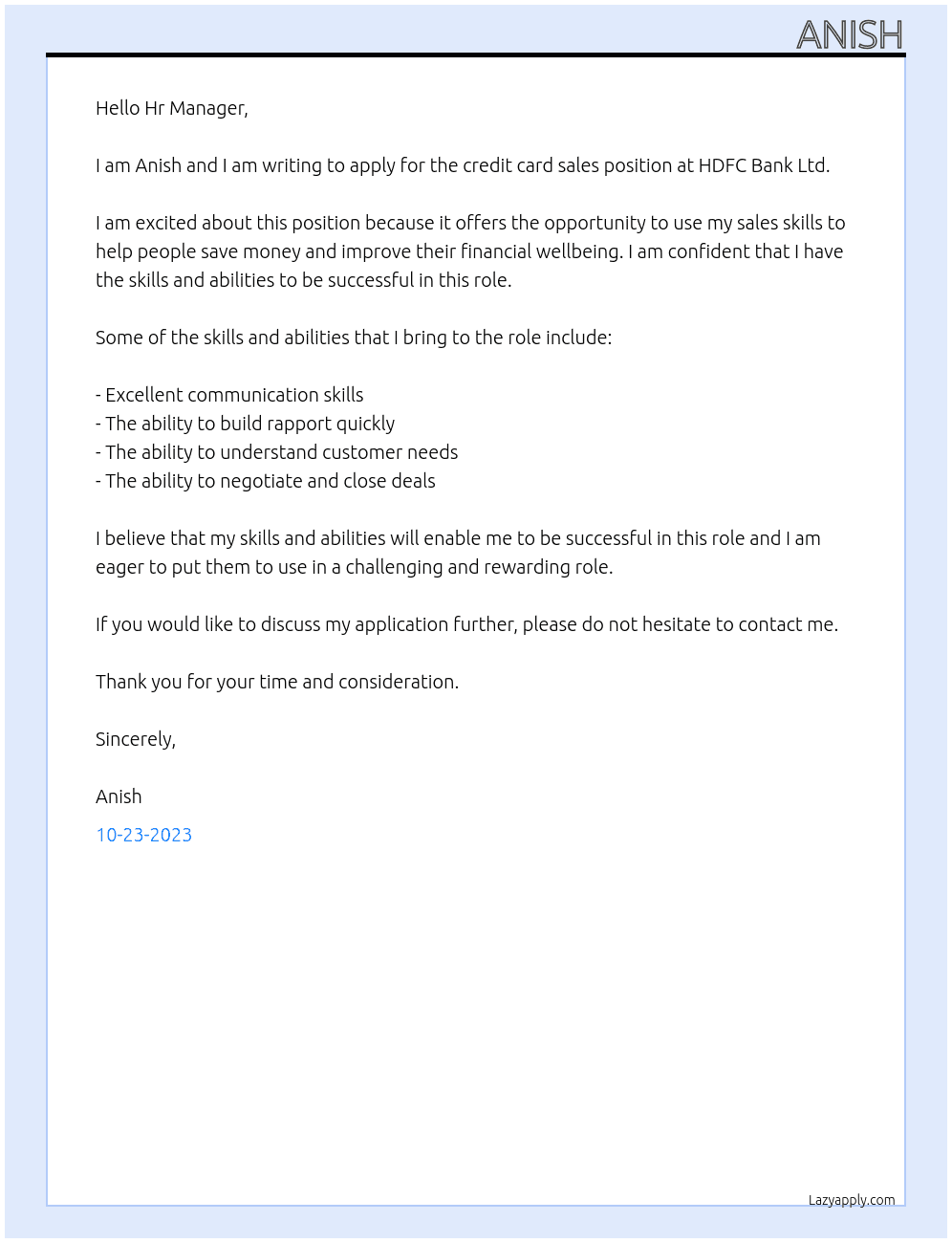 credit card sales At HDFC Bank ltd Cover Letter