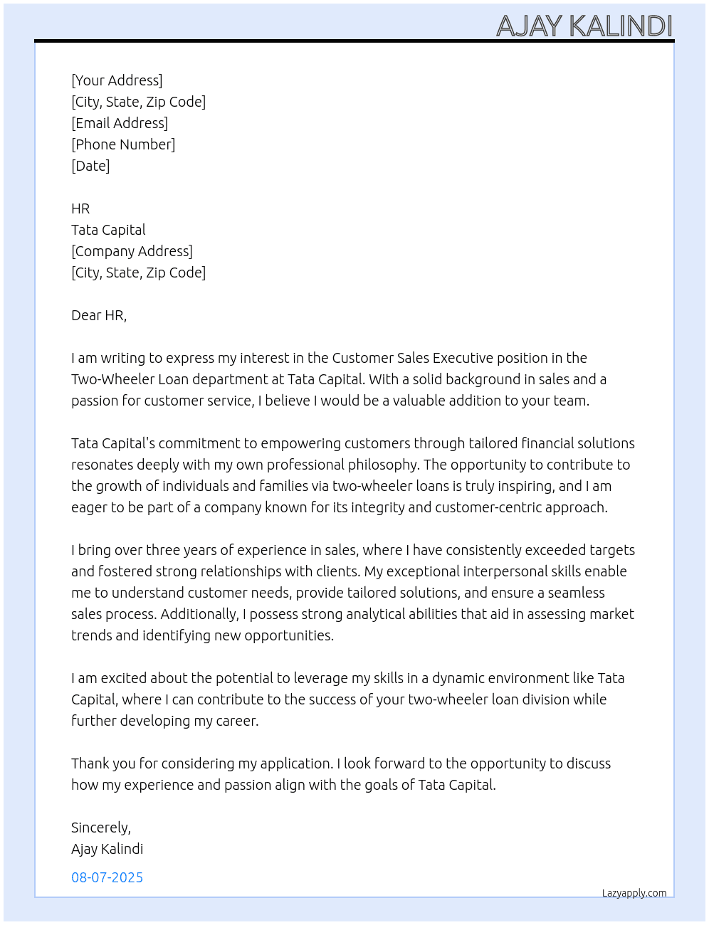 Customer sales executive - two wheeler loan At Tata capital Cover Letter