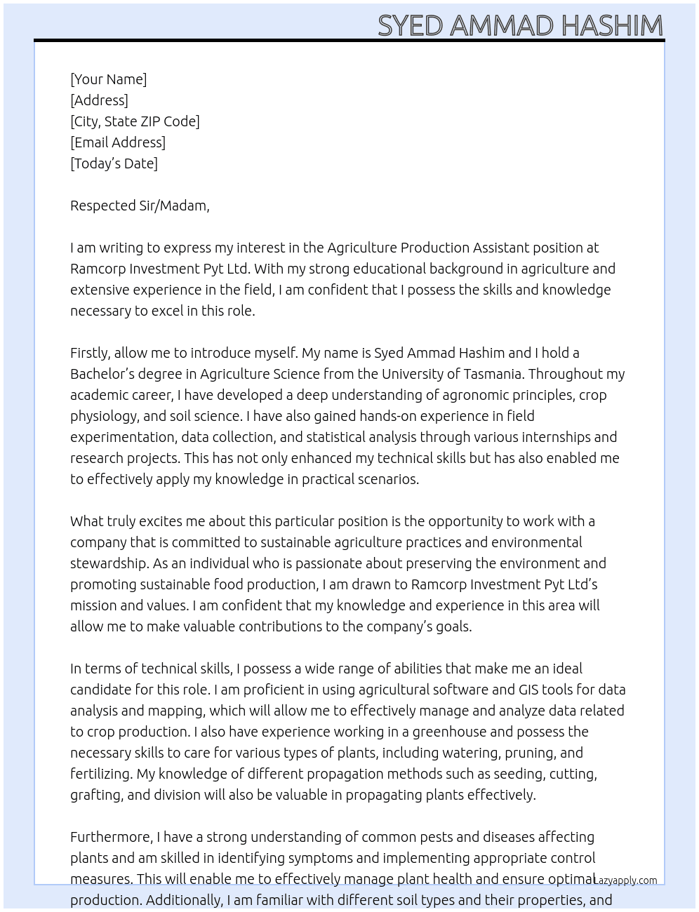 Cover letter for agriculture production assistant - LazyApply