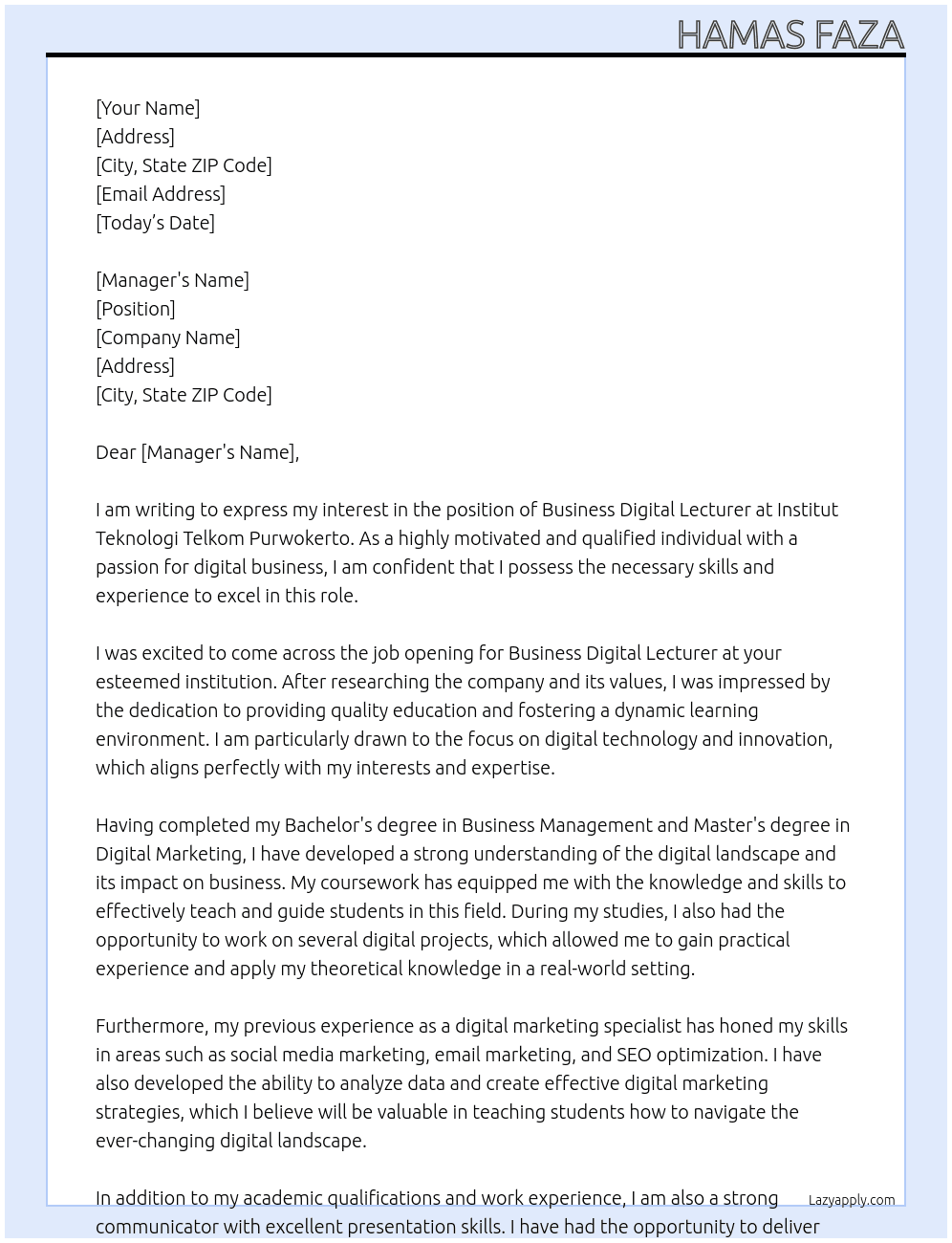 Business Digital Lectures At Institut Teknologi Telkom Purwokerto  Cover Letter