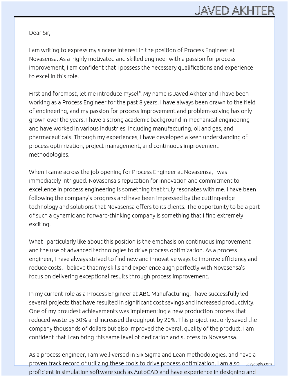 Process engineer  At Novasensa Cover Letter