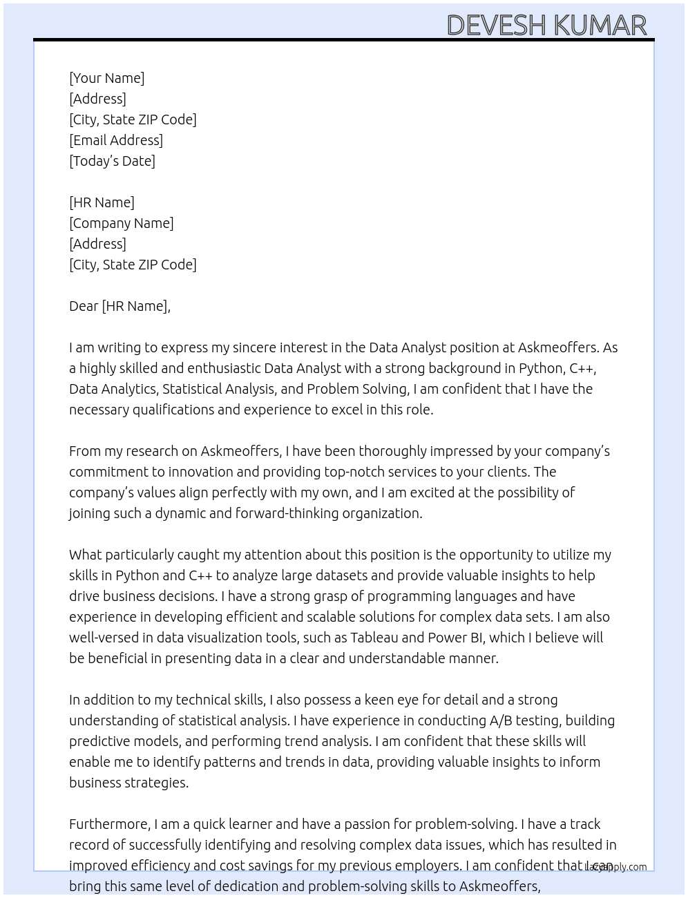 Data analyst  At Askmeoffers Cover Letter