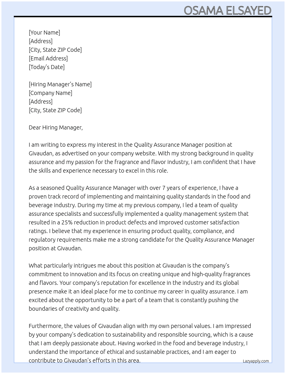 Quality Assurance Manager At Givaudan Cover Letter