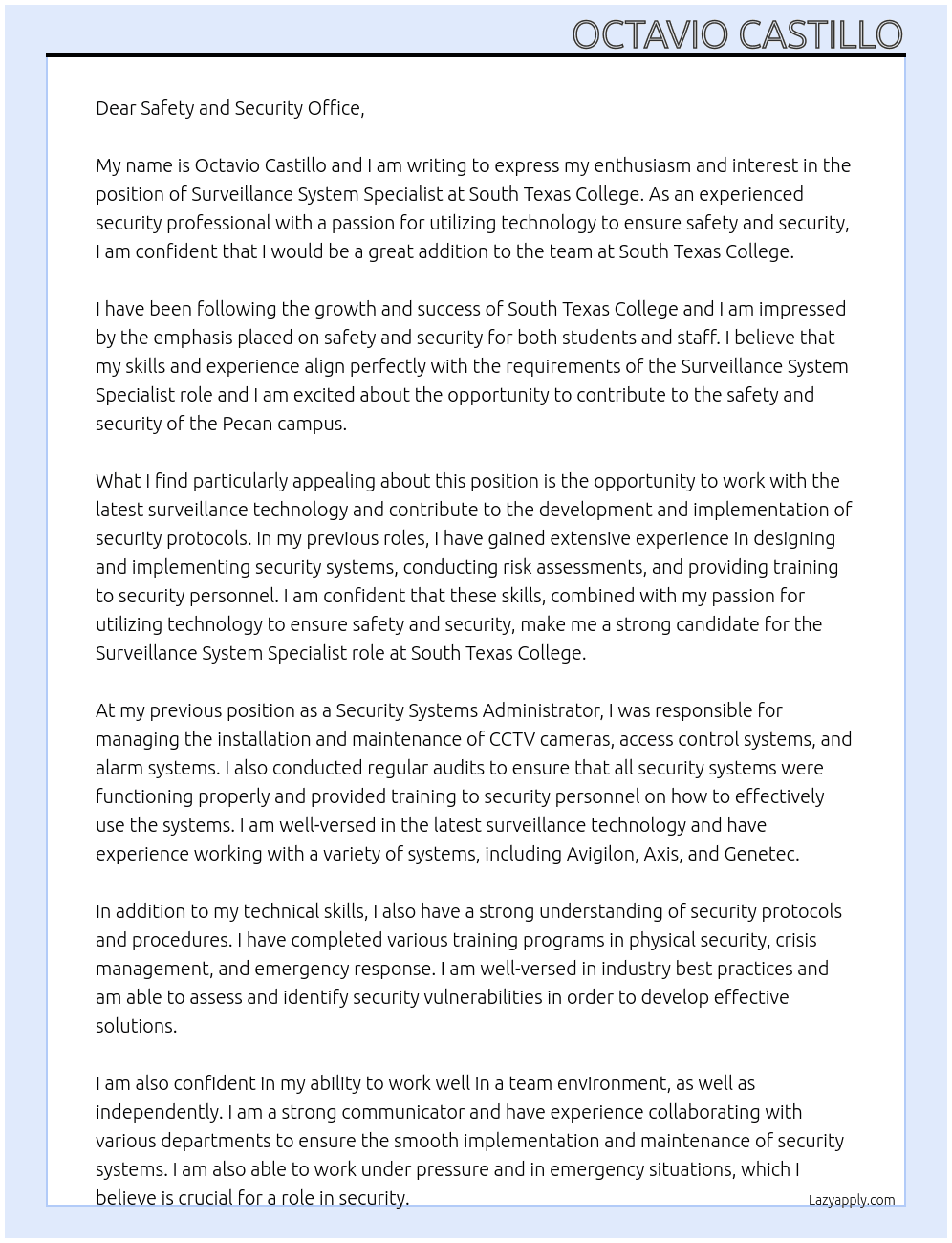 Surveillance system specialist At South Texas college Cover Letter