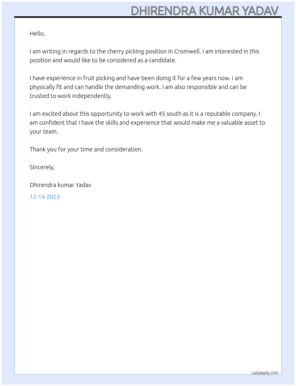 Cherry picking in Cromwell At 45 south Cover Letter