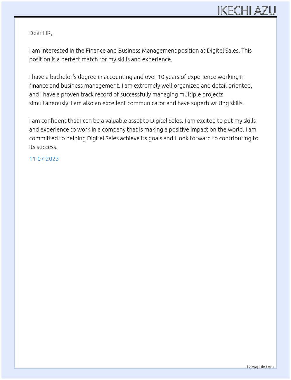 Finance and business managment At DIgitel Sales Cover Letter