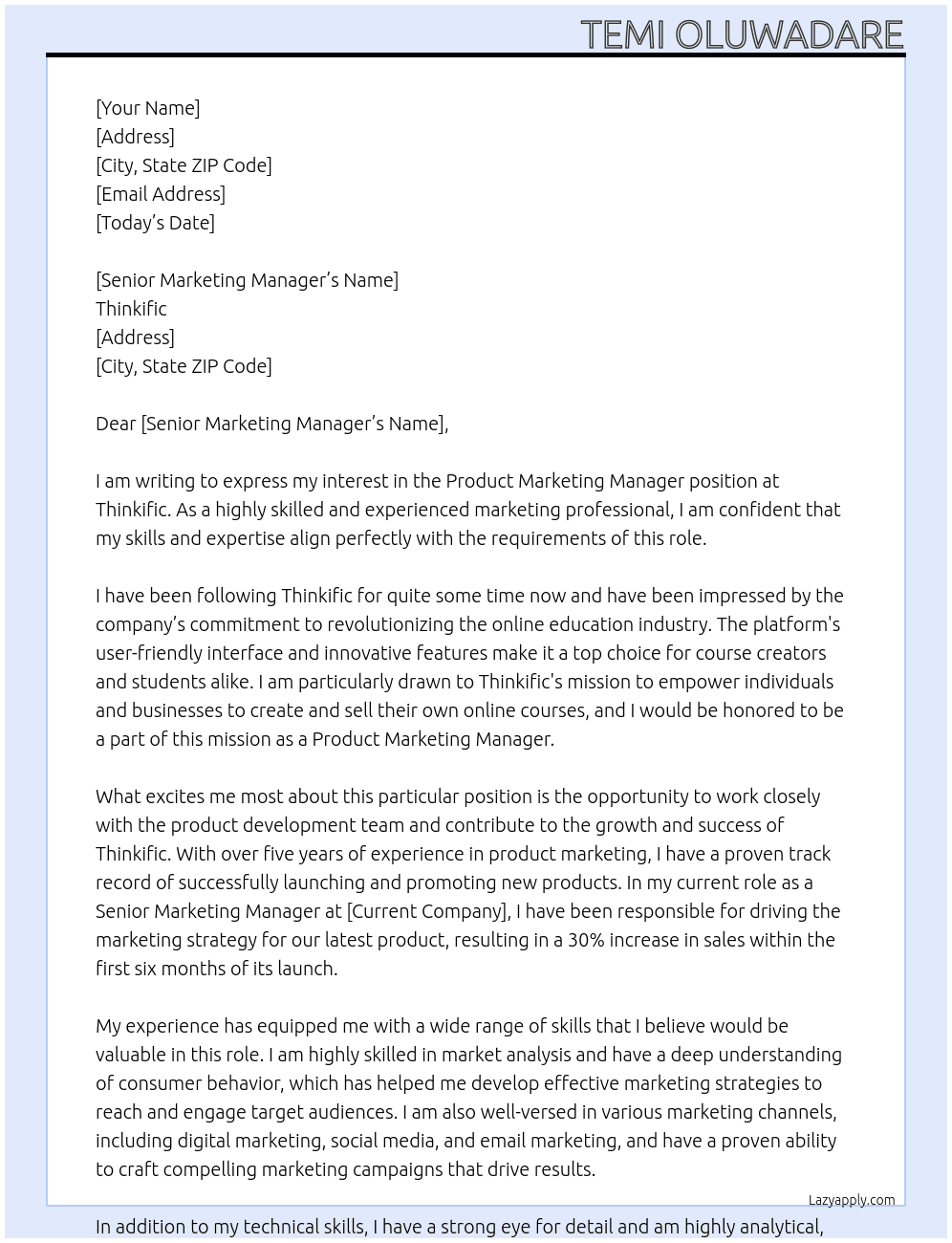 Product Marketing Manager At Thinkific Cover Letter