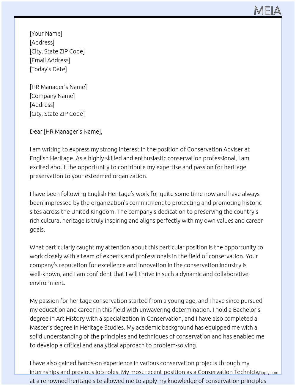 conservation Adviser   At English Hertiage Cover Letter