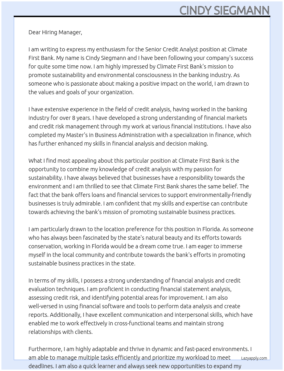 Senior Credit Analyst At Climate First Bank Cover Letter