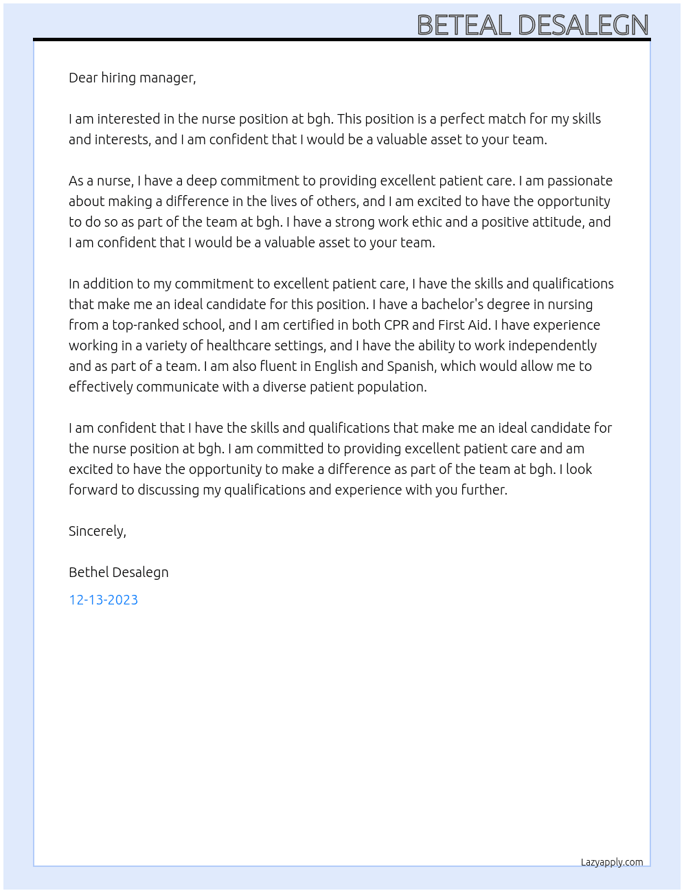 nurse At bgh Cover Letter