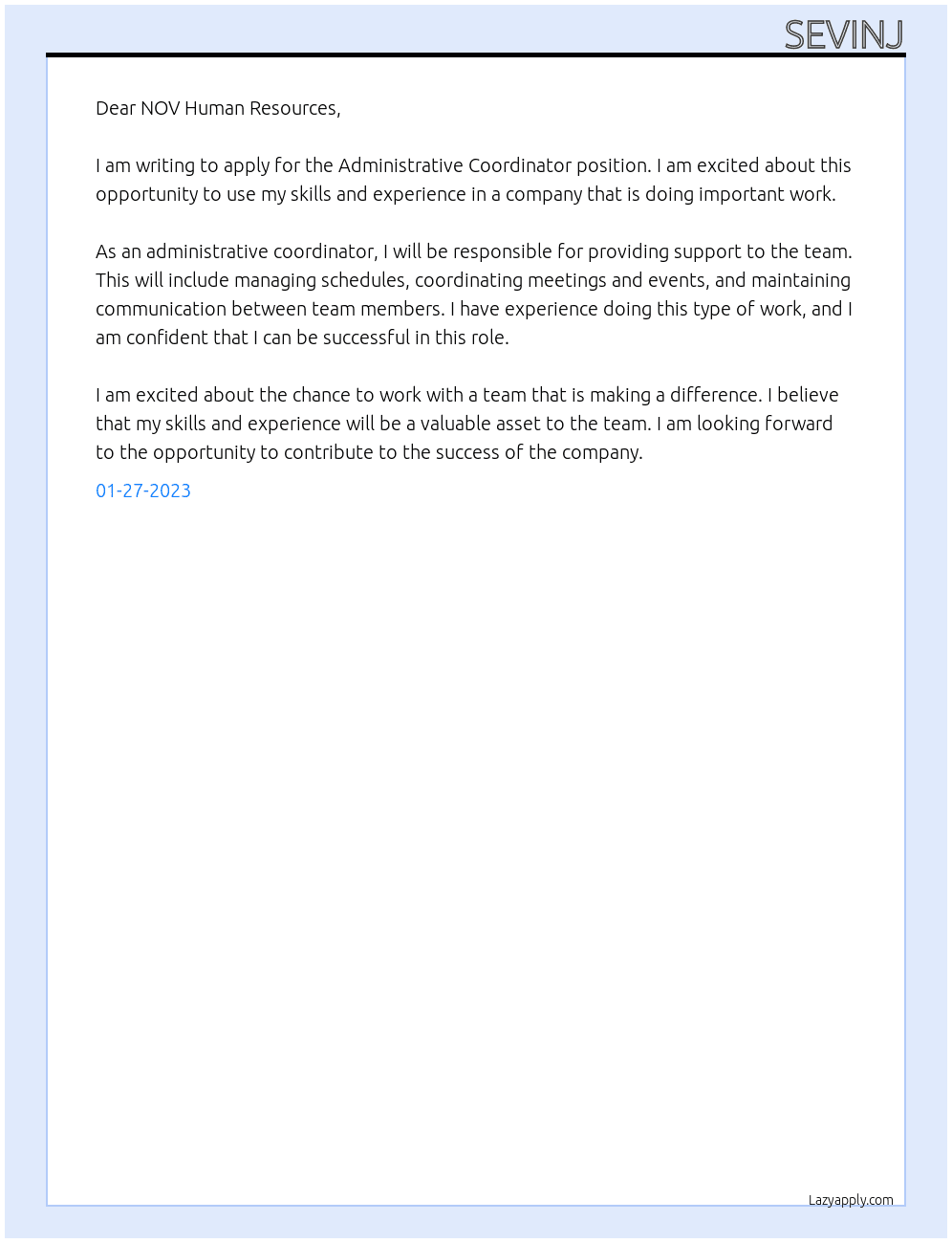Administrative Coordinator At NOV Cover Letter
