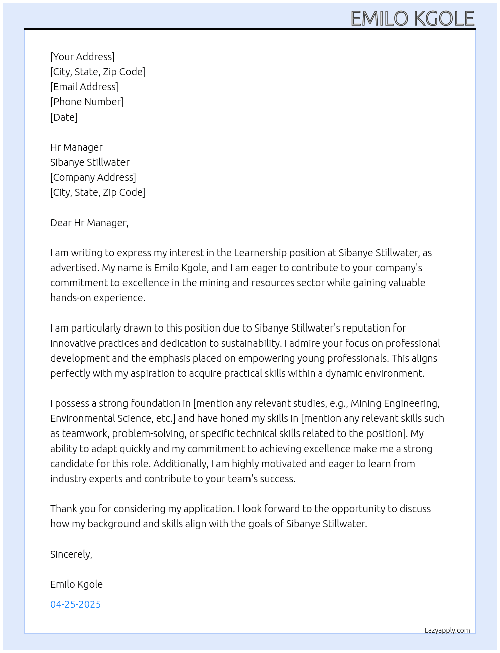 Learnership At Sibany still water Cover Letter