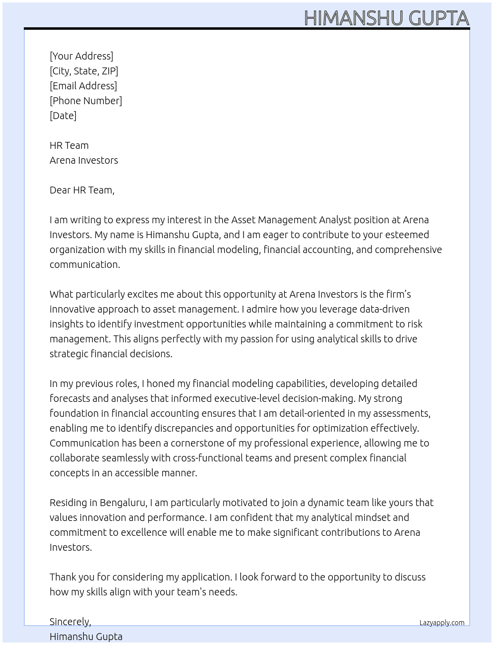 Cover letter for asset management analyst - LazyApply