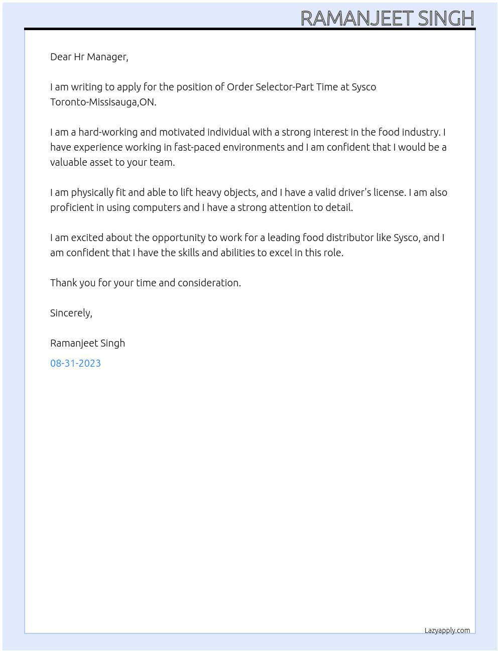 Order Selector-Part Time At Sysco Toronto-Missisauga,ON Cover Letter