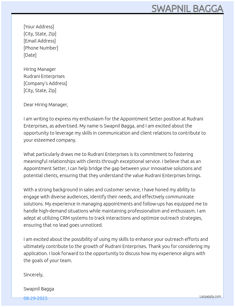 Appointment Setter At Rudrani Enterprises Cover Letter