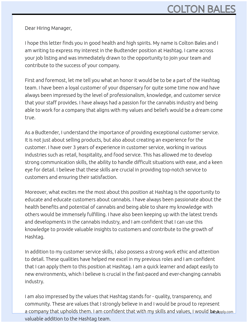 Budtender At Hashtag Cover Letter