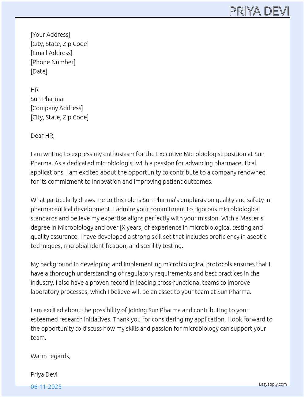 EXECUTIVE MICROBIOLOGIST At SUN PHARMA Cover Letter