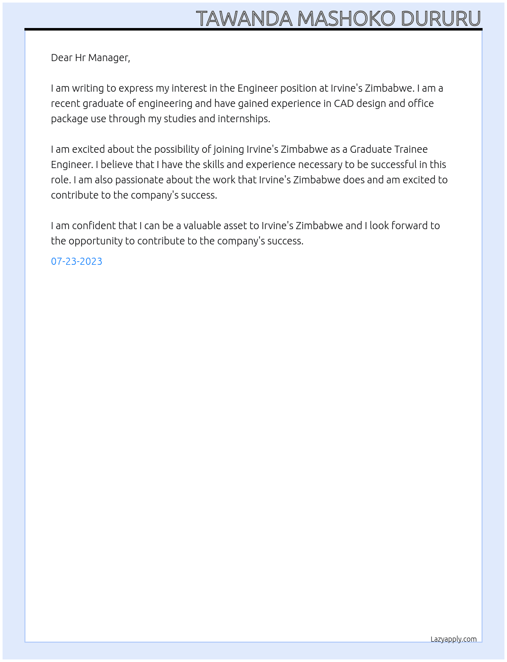 Engineer At Irvine's Zimbabwe  Cover Letter