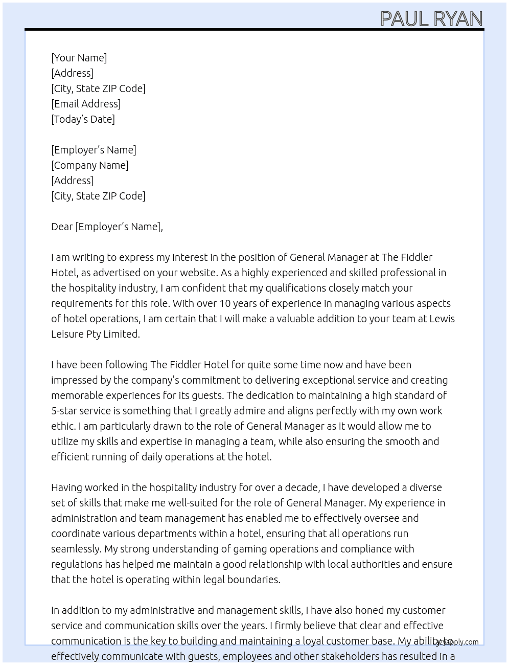 General Manager At The Fiddler Hotel Cover Letter