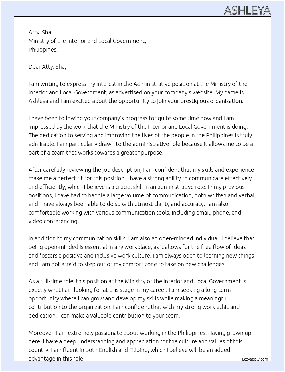 Administrative  At Ministry of the Interior and Local Government  Cover Letter