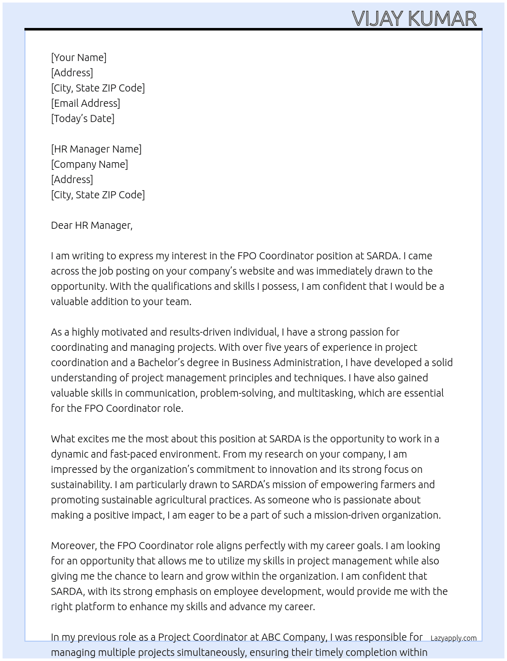FPO Coordinator  At SARDA Cover Letter