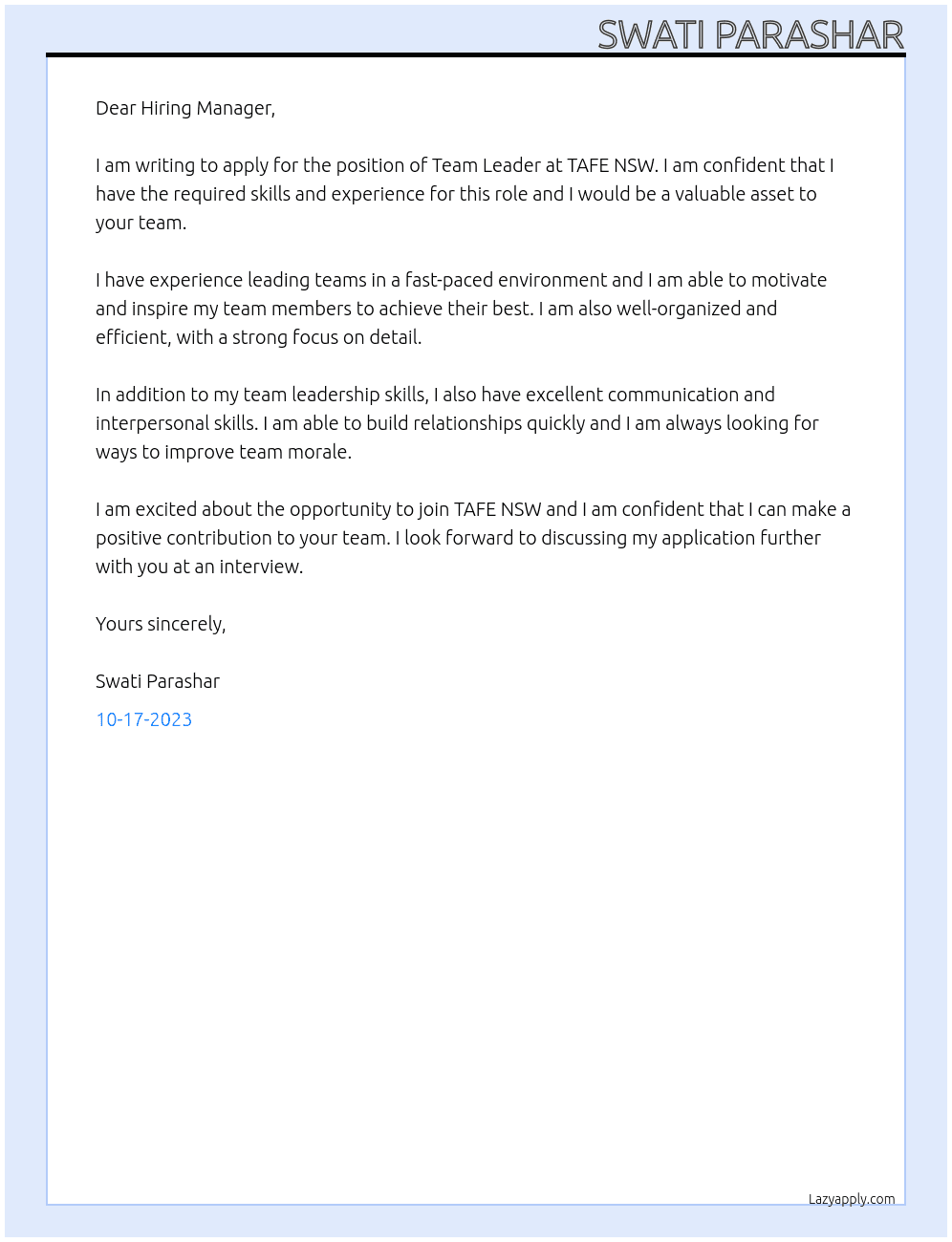 Team leader  At TAFE NSW Cover Letter