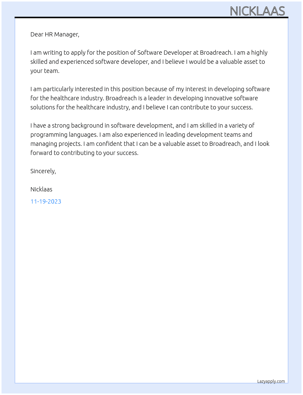 Software Developer  At Broadreach Cover Letter
