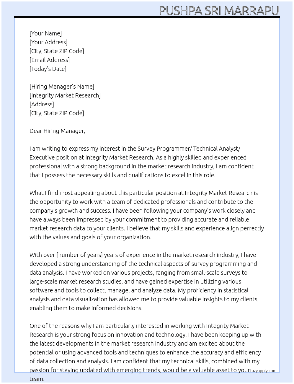 Survey Programmer/ Technical Analyst/ Executive At Integrity Market Research Cover Letter
