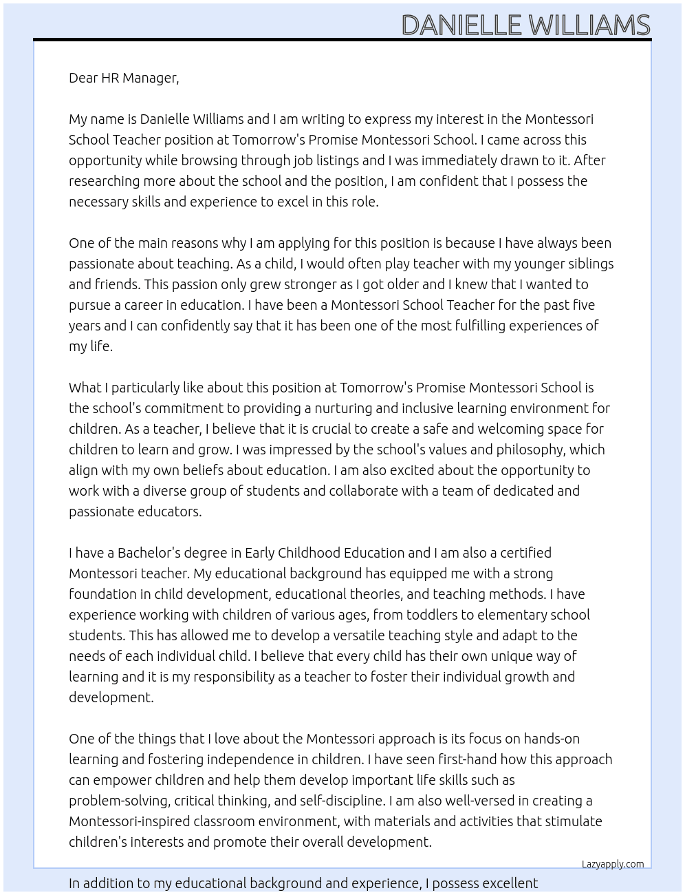 Montessori School Teacher At Tomorrow's Promise Montessori School Cover Letter