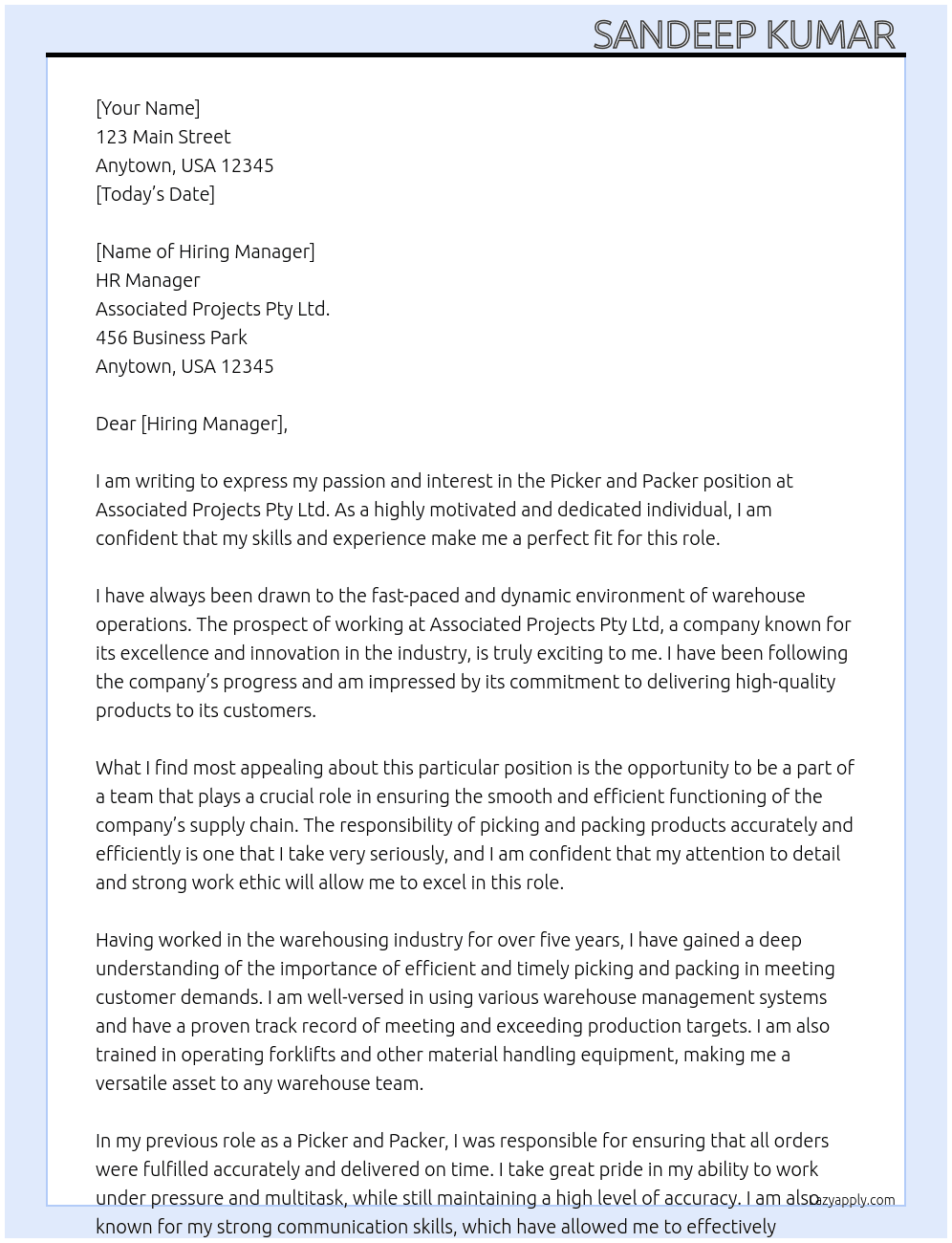 Picker and packers  At Associated Projects Pty Ltd. Cover Letter
