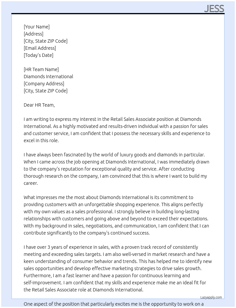 Retail Sales Associate  At Diamonds International  Cover Letter