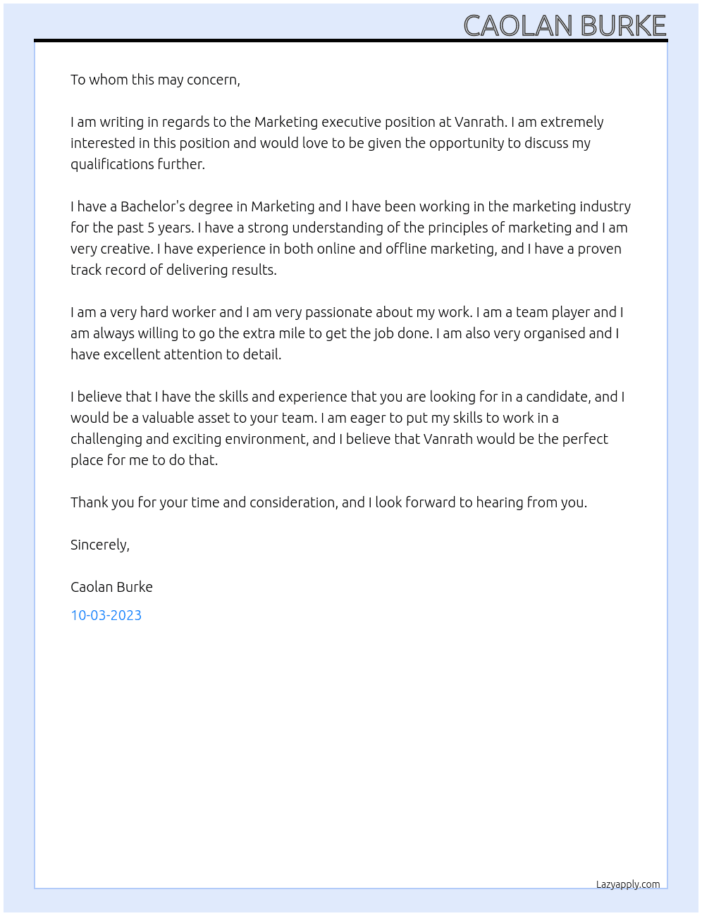Marketing executive At Vanrath Cover Letter