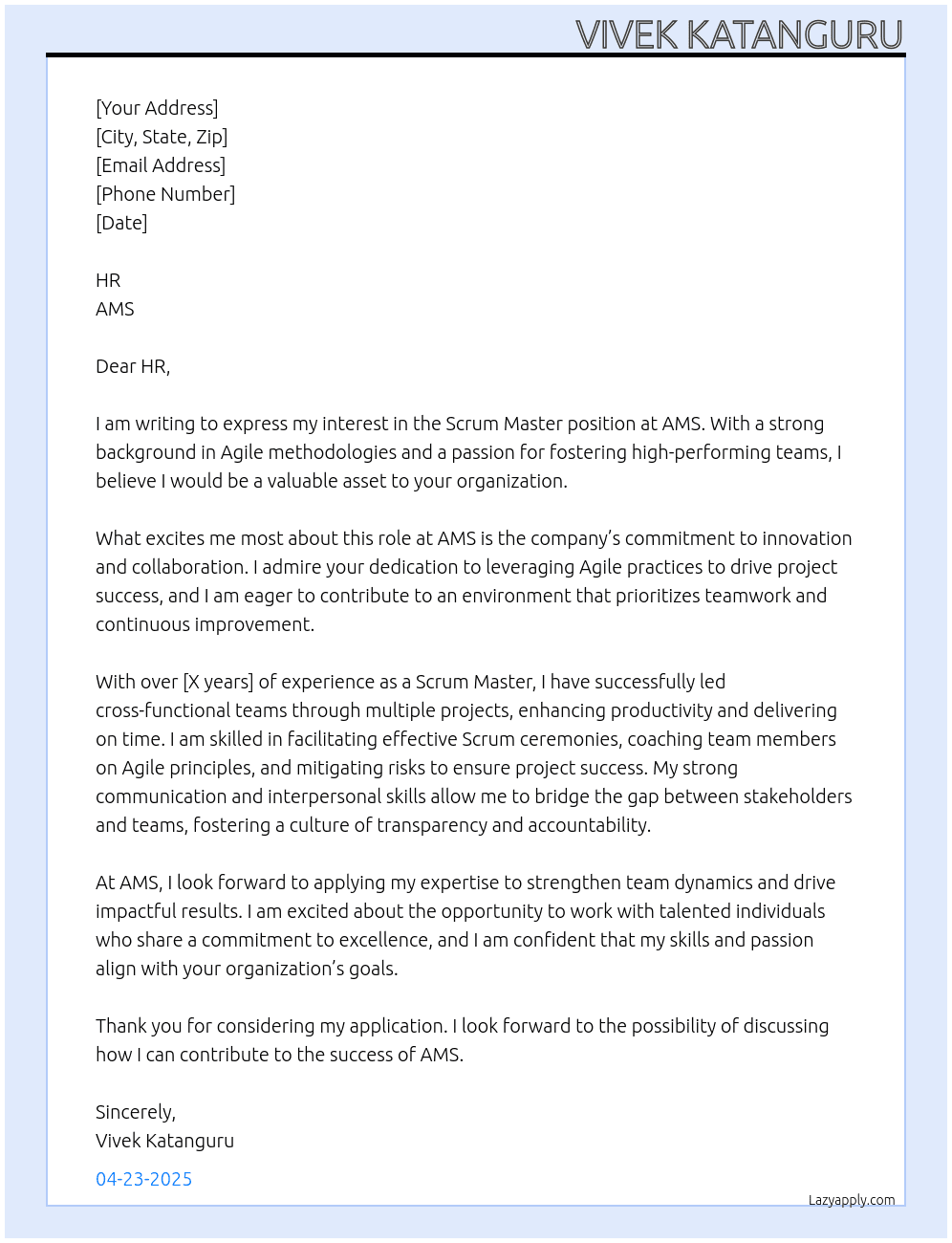 Cover letter for scrummaster - LazyApply