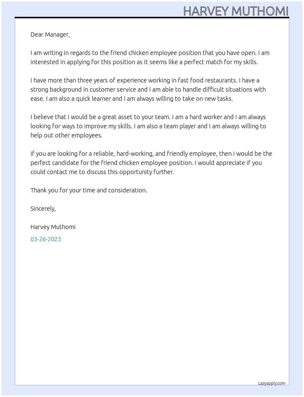 friend chicken employee At fast food Cover Letter