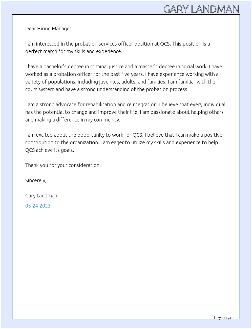 Probation services officer At QCS Cover Letter