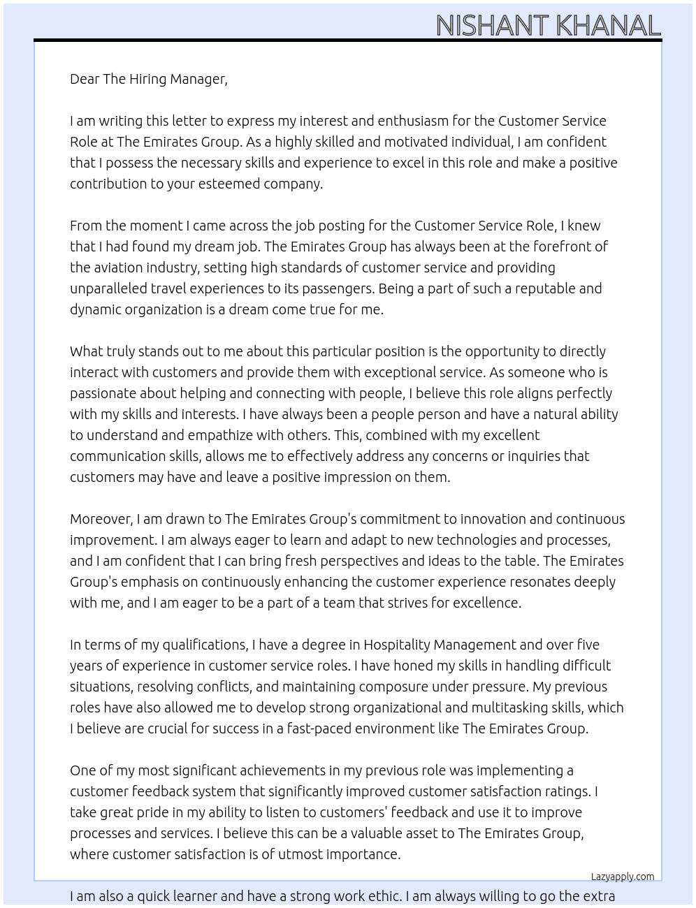 Customer Service Role At The Emirates group Cover Letter