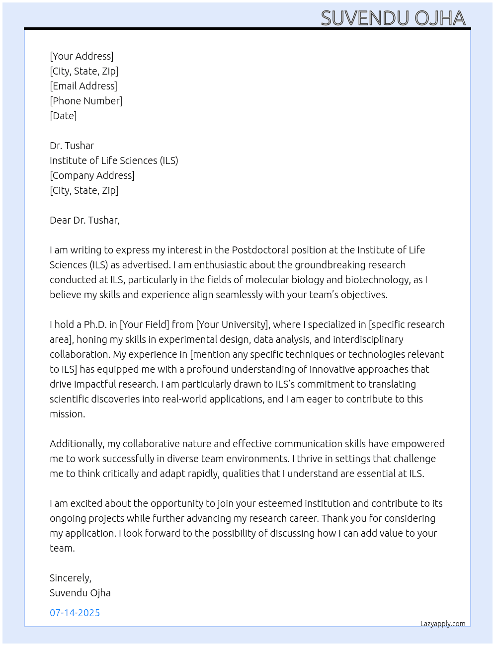 PostDoc  At ILS Cover Letter