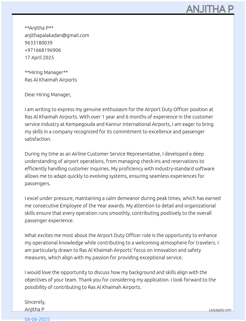 Airport duty officer At Ras Al khaimah airports  Cover Letter