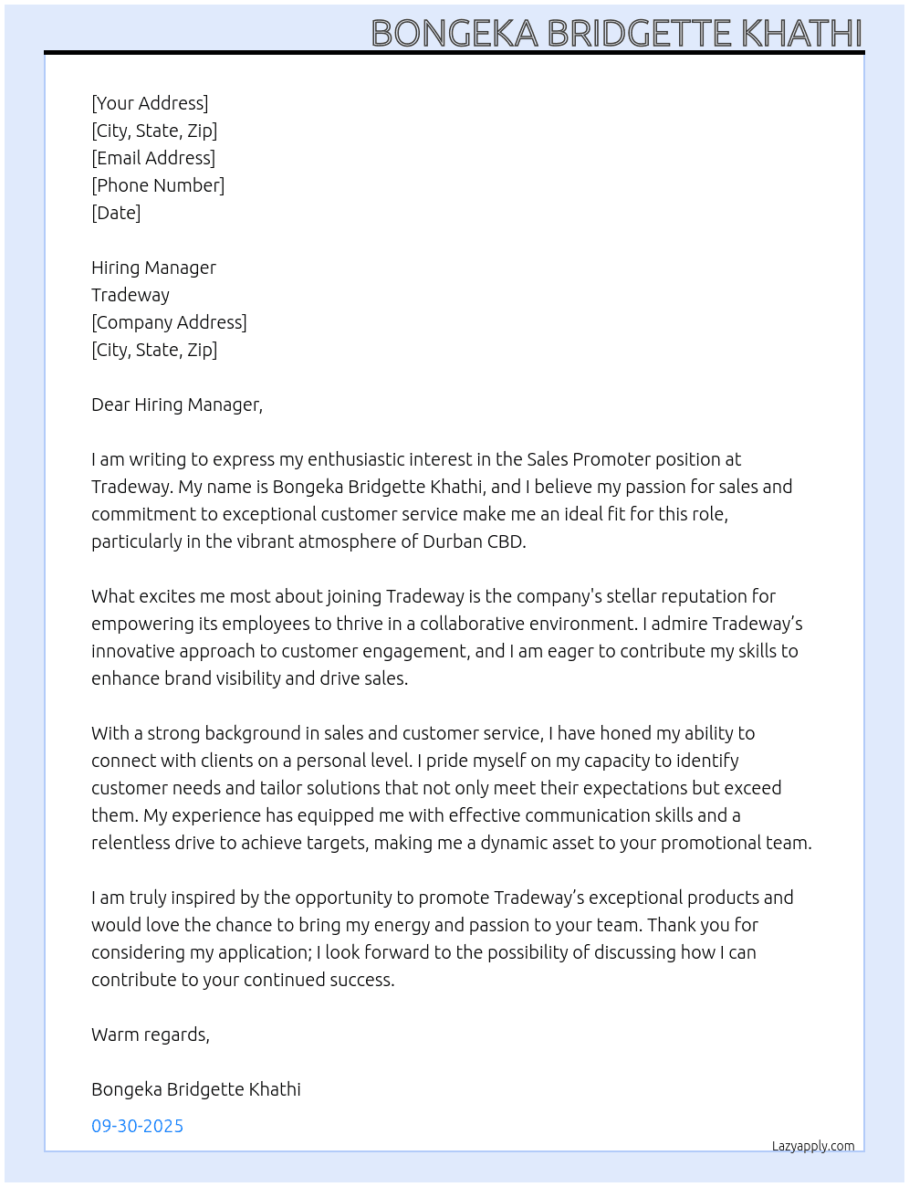Cover letter for promoter - LazyApply