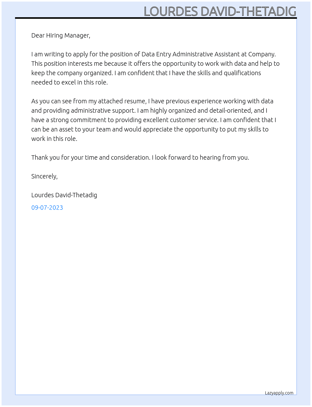 Data entry administrative assistant At Company Cover Letter