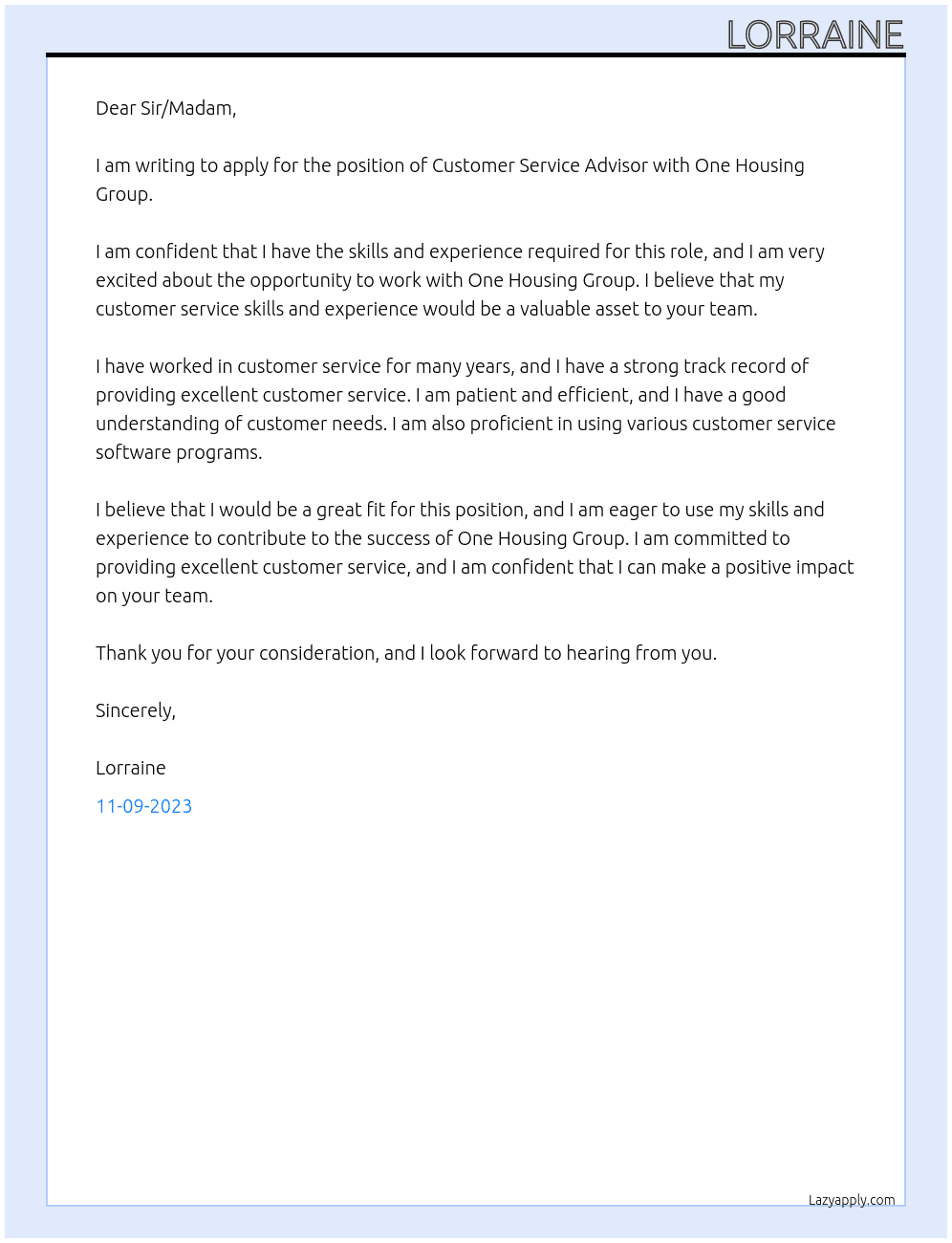 Customer Service Advisor At One Housing Group Cover Letter