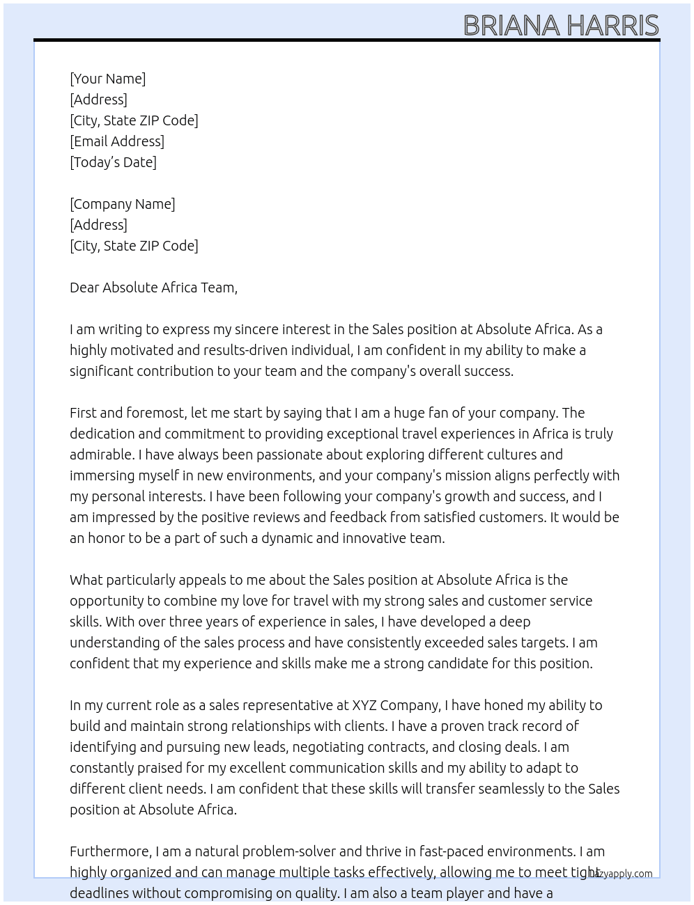 Sales  At Absolute Africa Cover Letter