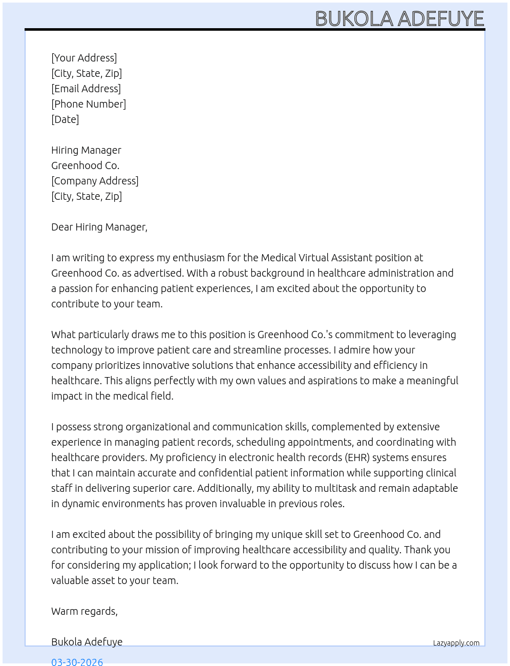 medical virtual assistant At Greenhood co Cover Letter