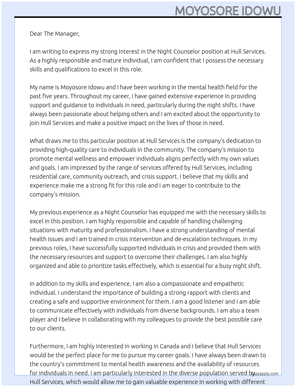 Night counselor At Hull Services Cover Letter