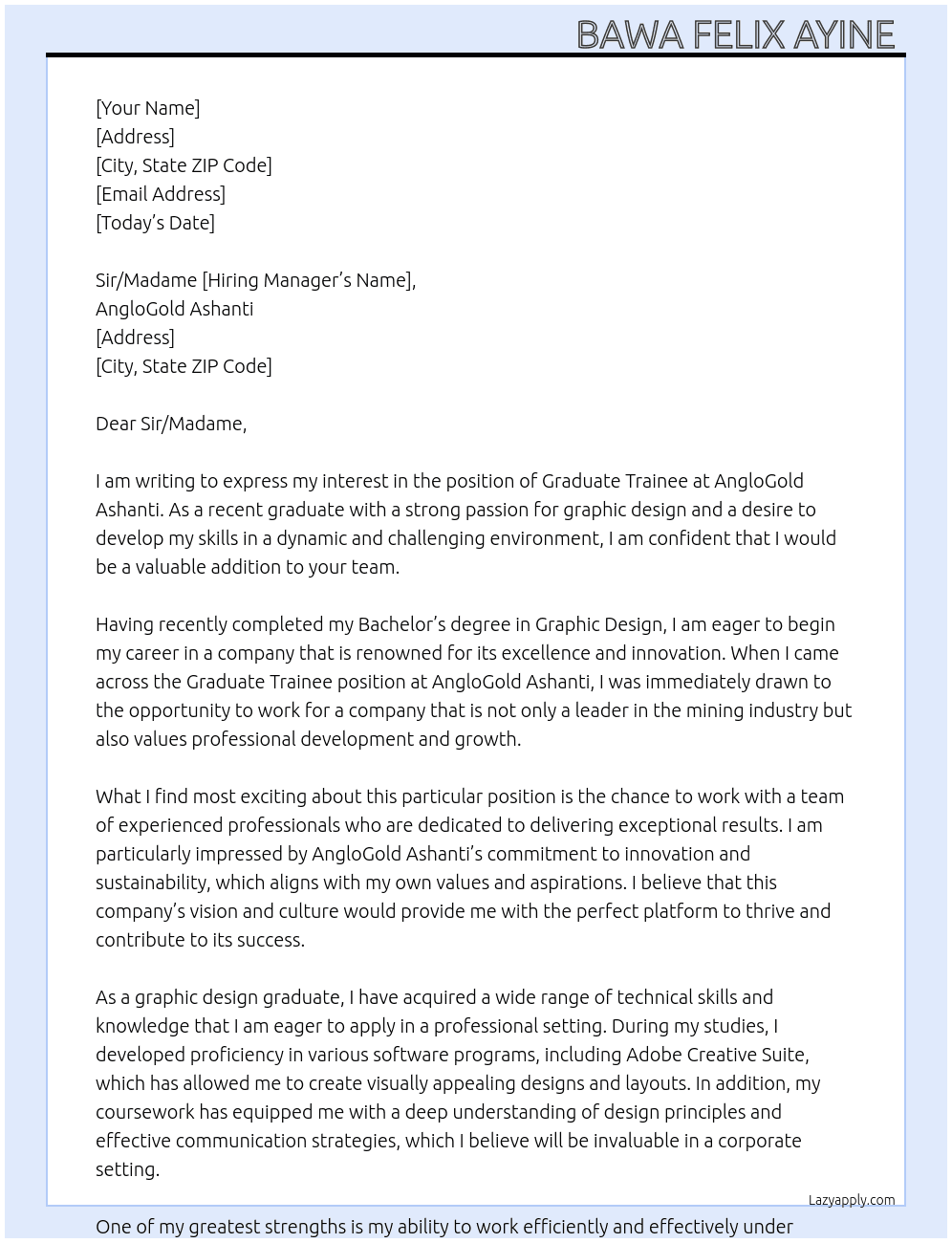 Graduate Trainee  At AngloGold Ashanti Cover Letter