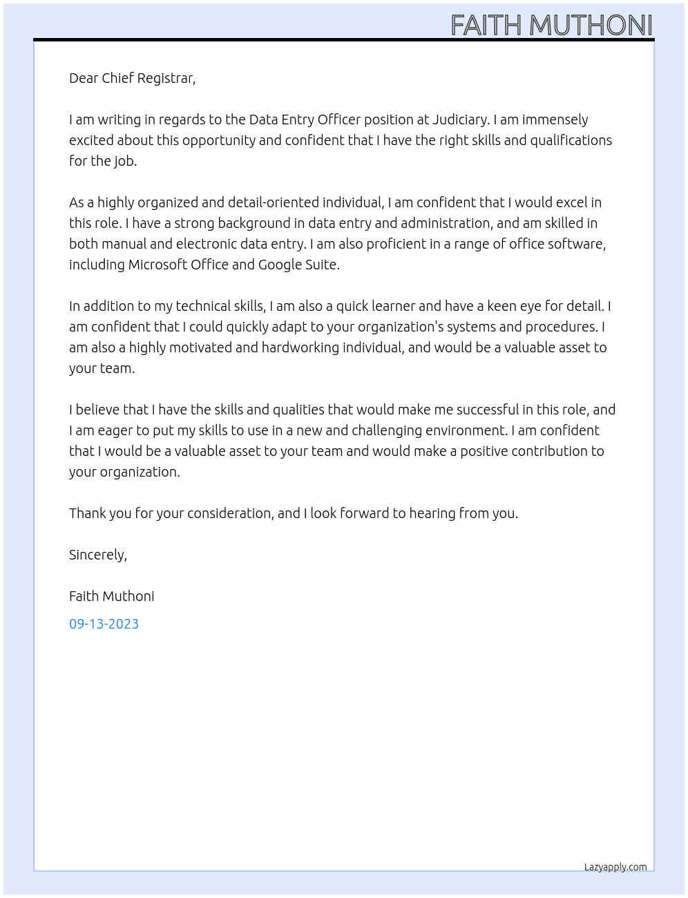 Data entry officer At Judiciary Cover Letter