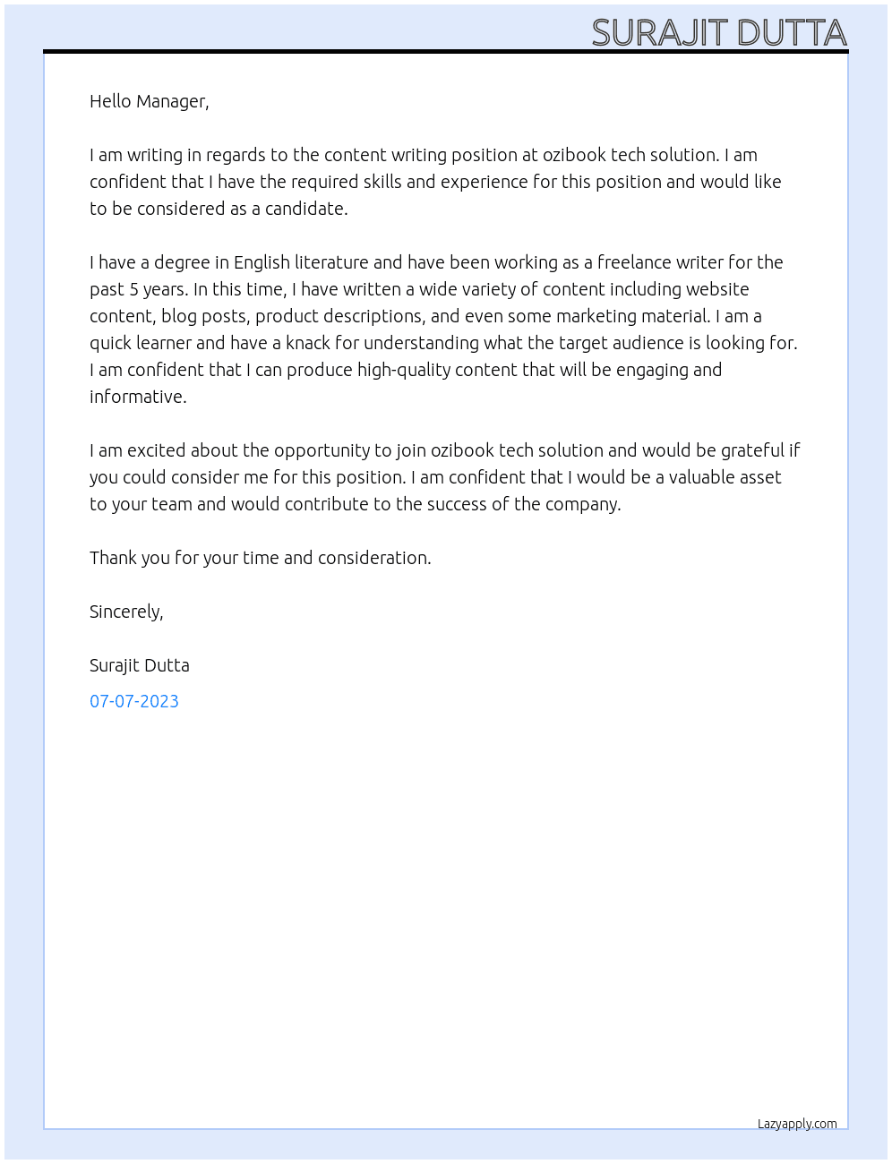 Content writing At ozibook tech solution Cover Letter