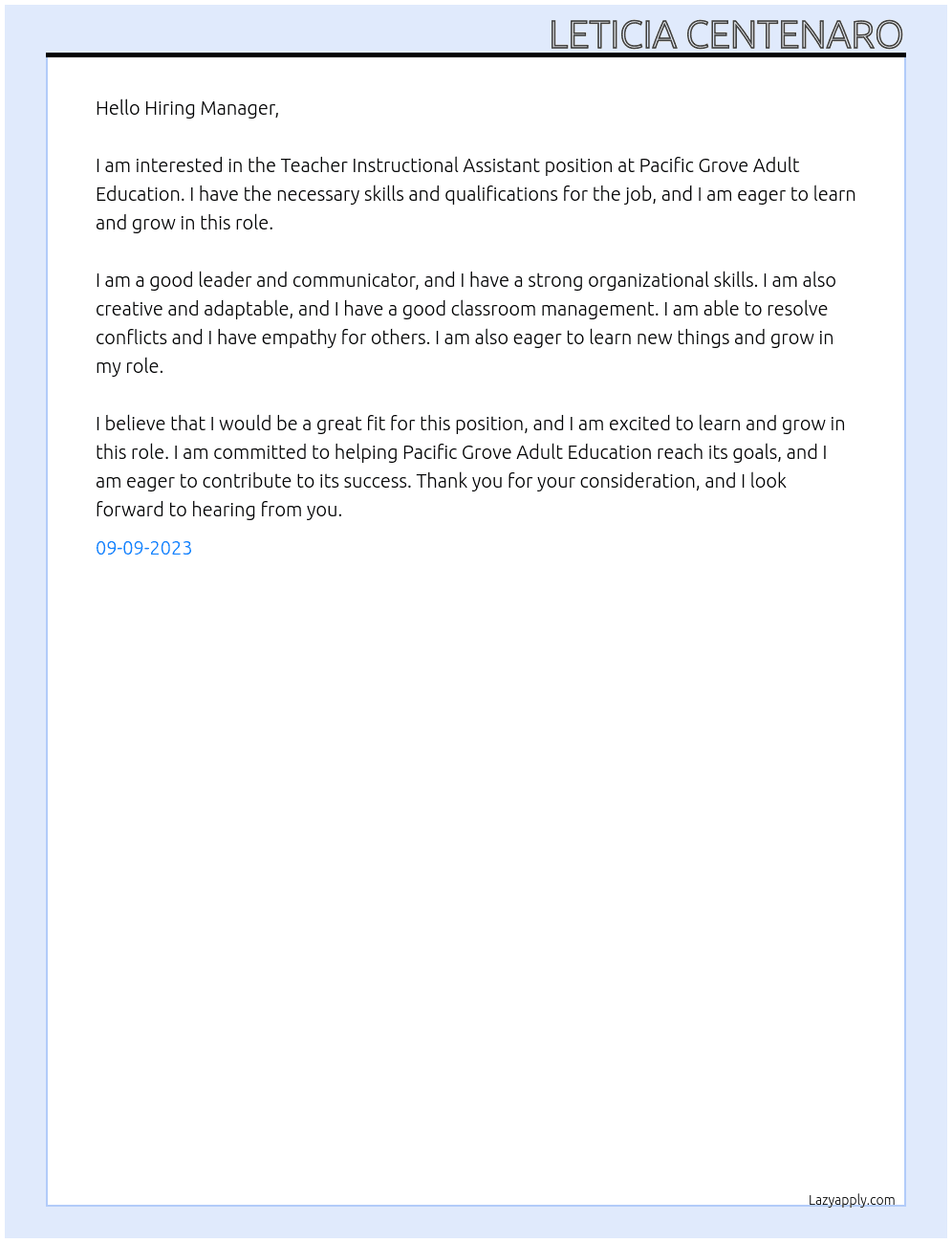 Teacher Instructional Assistant At Pacific Grove Adult Education Cover Letter